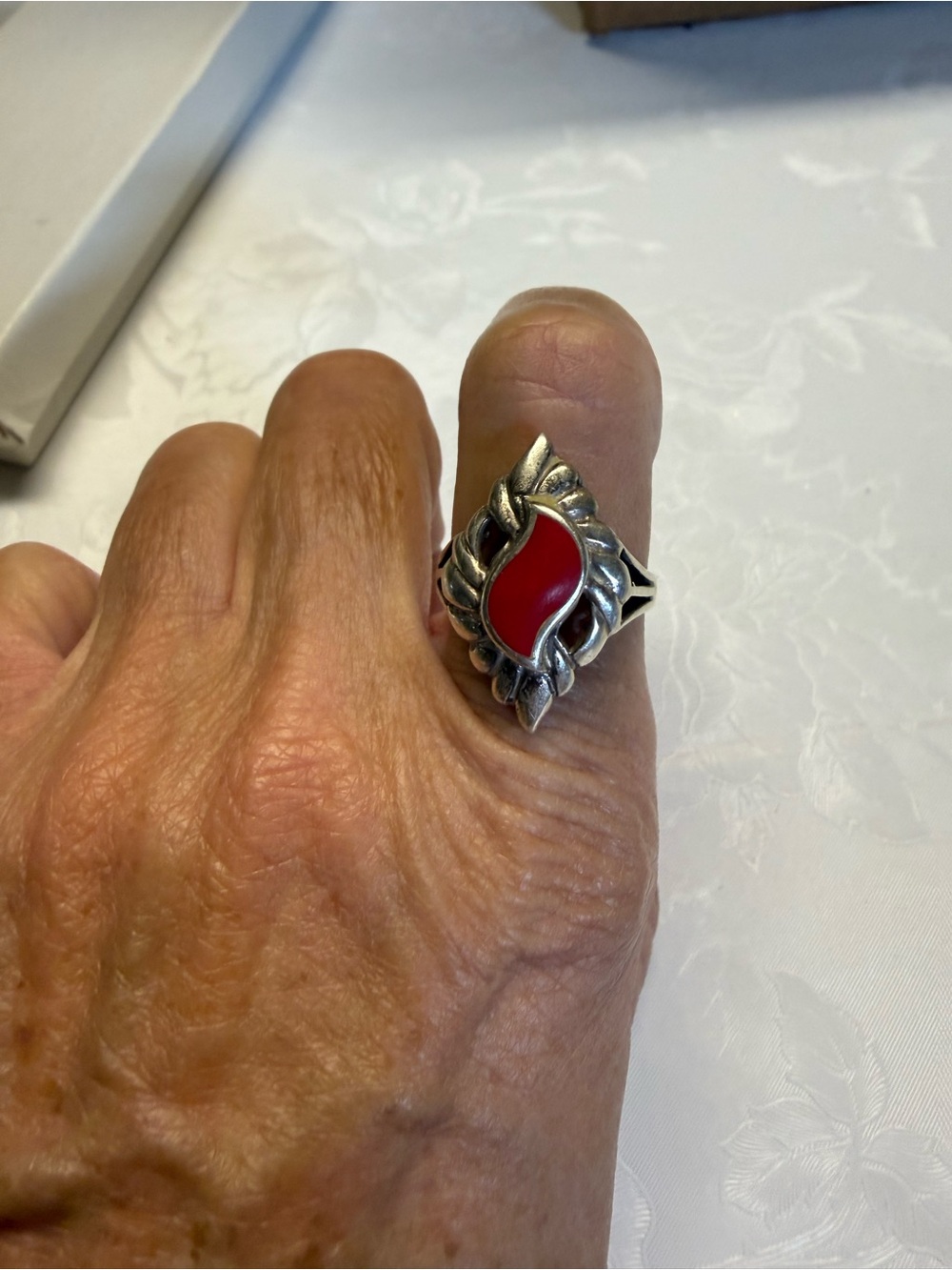 Size 9 Red Coral Sterling Silver Ring